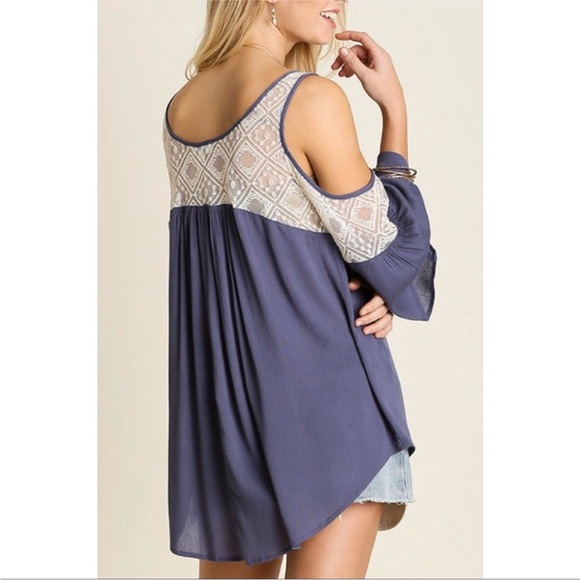 Umgee USA Cold Shoulder Boho Blouse with Crochet Lace - Size L - Picture 6 of 13
